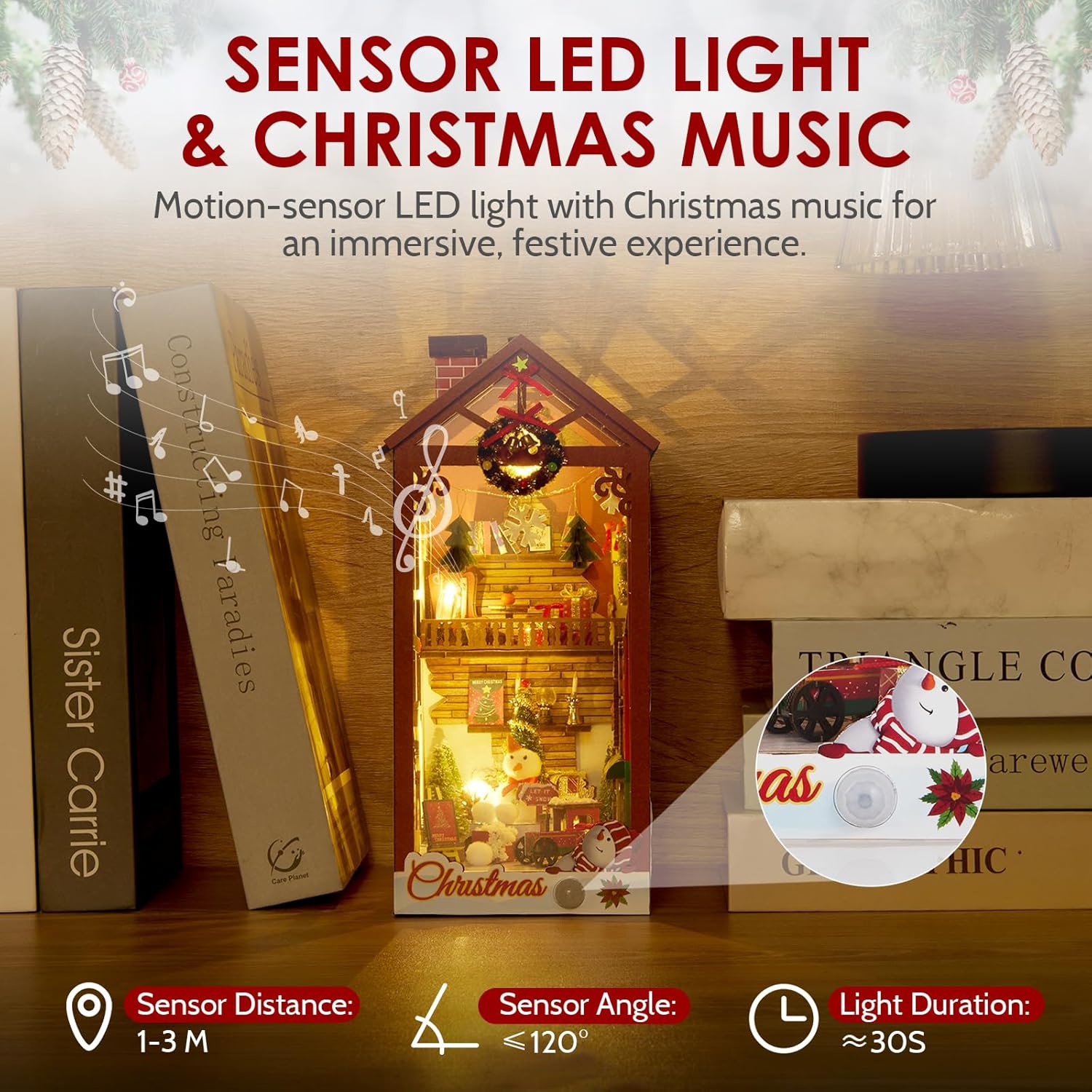 Puzzle 3D, Book Nook DIY cu lumina LED, senzor de miscare si muzica, cotor de carte, accesotiu decorativ multifunctional