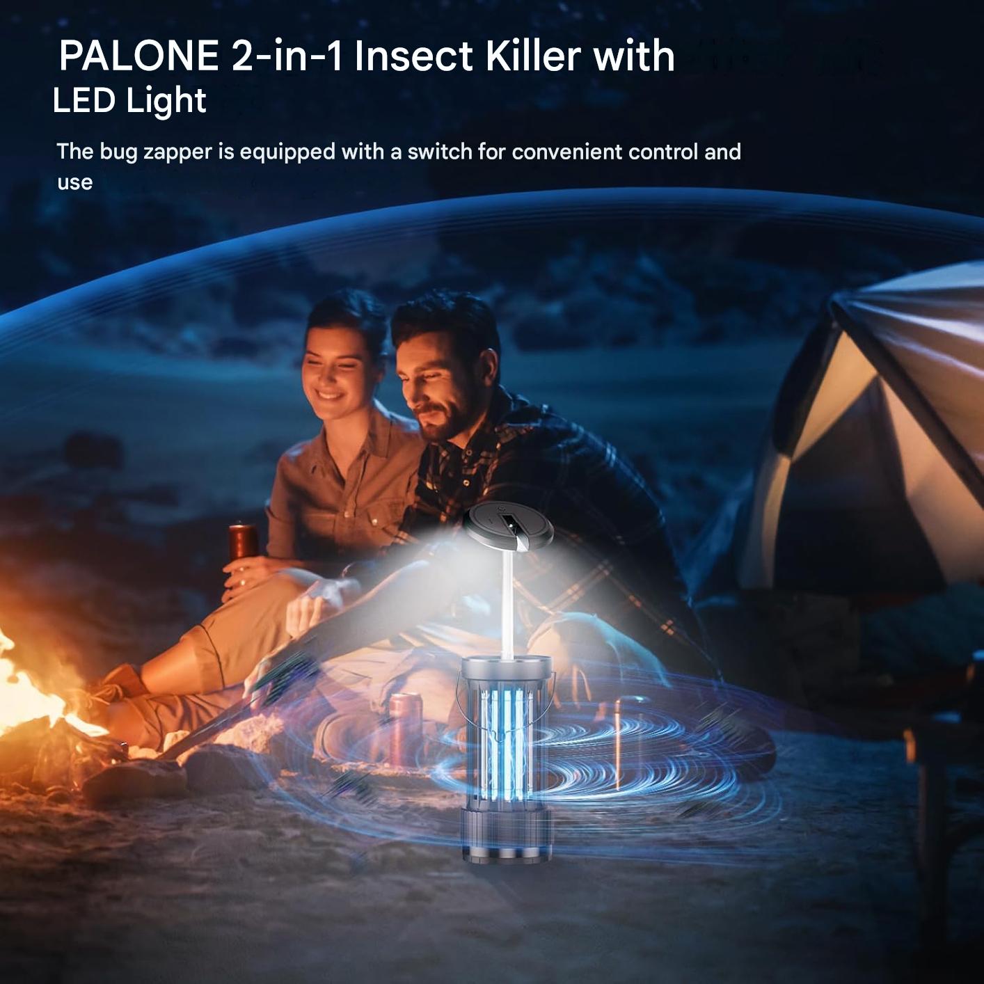 Lampa insecticid electric PALONE 4500V, baterie 4000 mAh, UV 365 nm, USB-C, extensibila cu LED reglabil, capcana anti-tantari 360°, utilizare interior si exterior, fara substante chimice