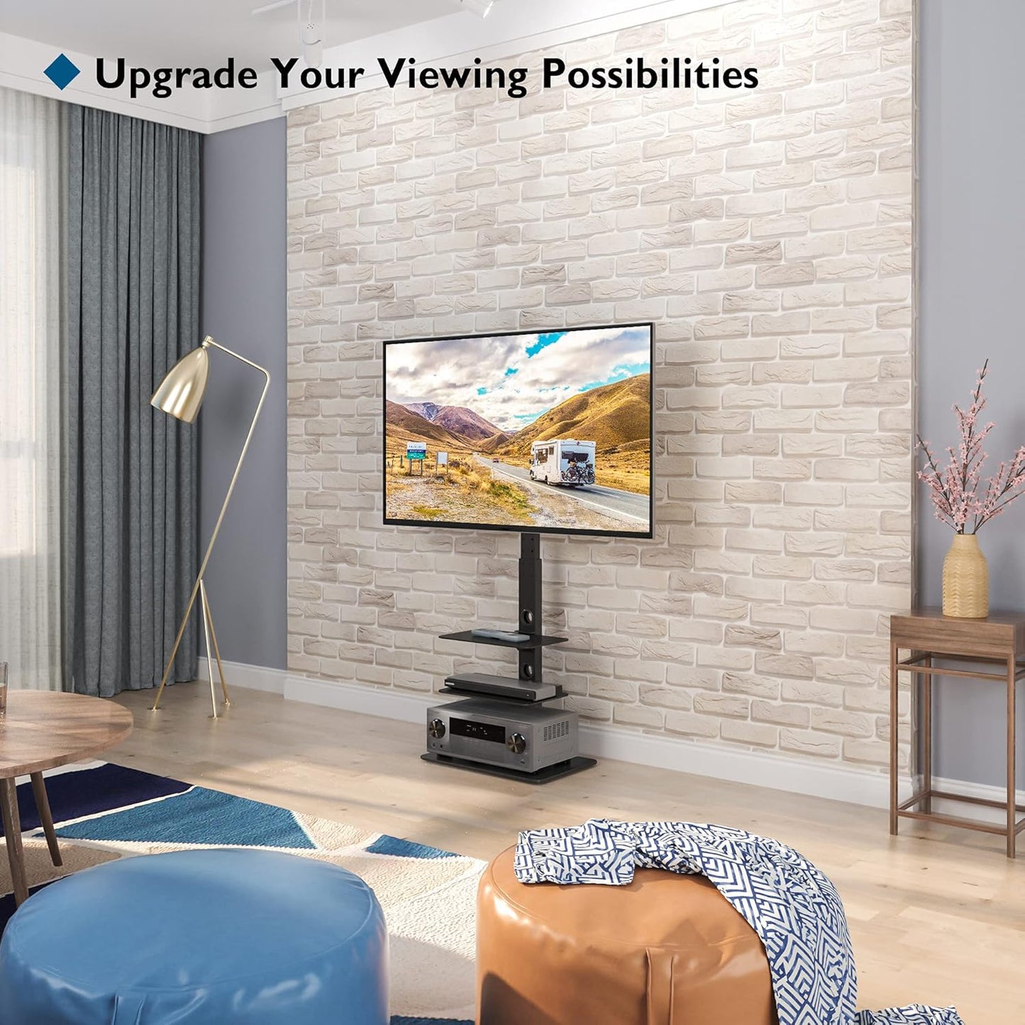Suport TV, stand pentru televizor 30-70 inch plat si curbat, VESA 600 x 400 mm, greutate suportata 40 kg, inaltime reglabila, brat pivotant, rafturi din sticla, negru