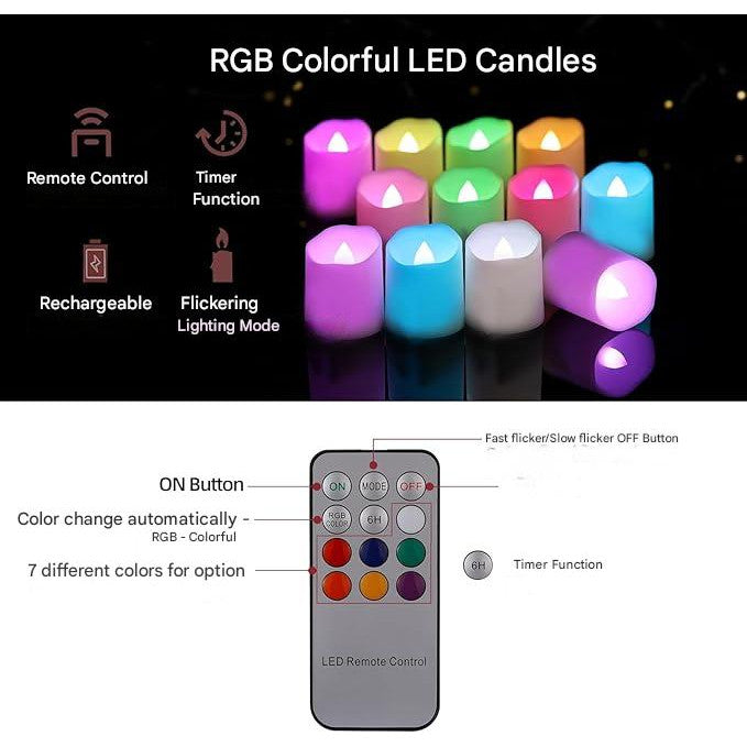Set 6 lumanari LED RGB reincarcabile, cu telecomanda, efect de flacara, temporizator, intensitate reglabila pe 5 niveluri, pentru Halloween, Craciun, nunta, petrecere