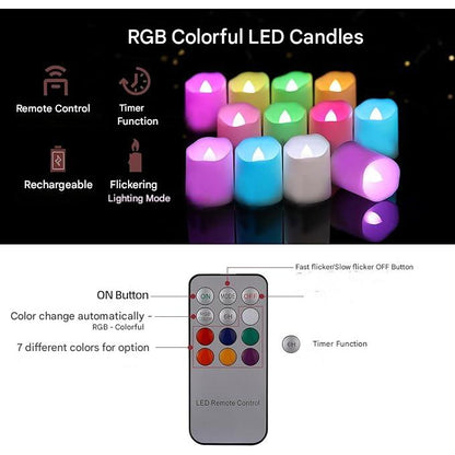 Set 6 lumanari LED RGB reincarcabile, cu telecomanda, efect de flacara, temporizator, intensitate reglabila pe 5 niveluri, pentru Halloween, Craciun, nunta, petrecere