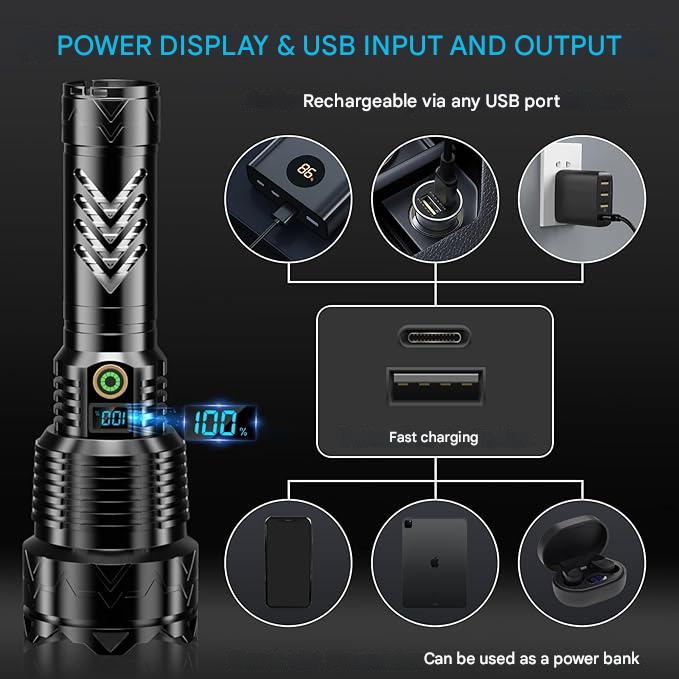 Lanterna tactica LED, din aluminiu, 50000 lumeni, profesionala, focus ajustabil, 5 moduri iluminare, acumulator inclus de 5000 mAh, rezistenta la apa IPX7, incarcare USB, sursa XHP360 negru