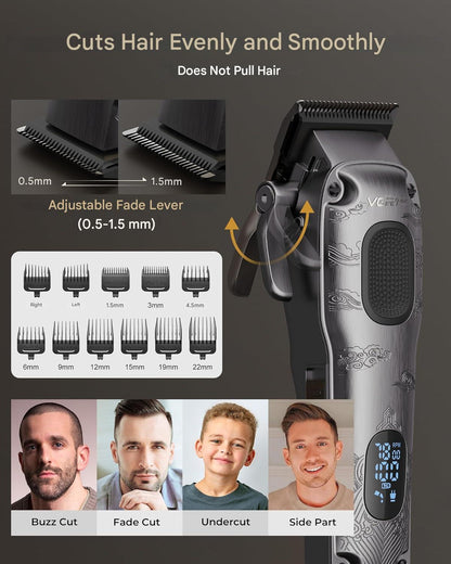 Set masina de tuns profesionala VGRPRO 3 in 1 masina de tuns, trimmer si aparat de ras, 4 viteze pana la 7500 RPM, 15 accesorii, impermeabil IPX7, display LED, baterie reincarcabila, wireless, pentru par si barba