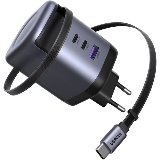 Incarcator retea 100 W PD GaN, cu cablu de incarcare USB-C retractabil, cu 2 porturi USB-C si 1 port USB-A, suporta fast-charge PD/QC/PPS, pentru laptop, tableta, smartphone