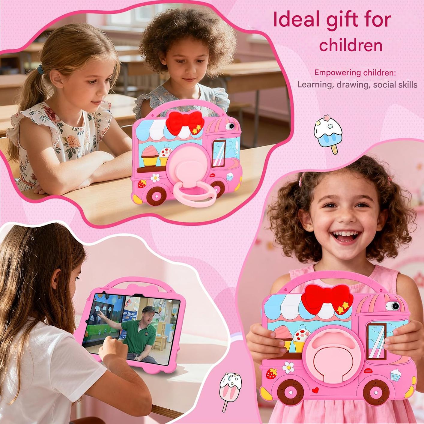 Husa pentru iPad a 11-a generație (A16) 2025 / iPad a 10-a generatie 10.9 2022, pentru fete, cu design dragut inghetata, deserturi, cu curea de umar rotativa, suport, protectie din silicon, roz