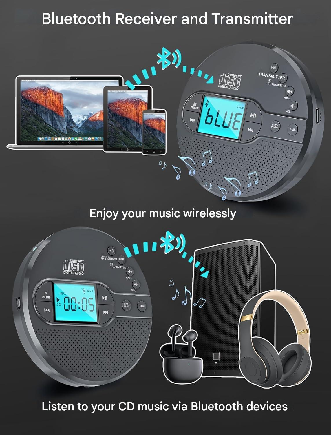 CD Player portabil Discman cu bluetooth si transmitator FM, baterie 2000 mAh, ecran LCD, difuzor incorporat, AUX si USB, anti-soc si anti-skip, cu casti, pentru masina si uz portabil
