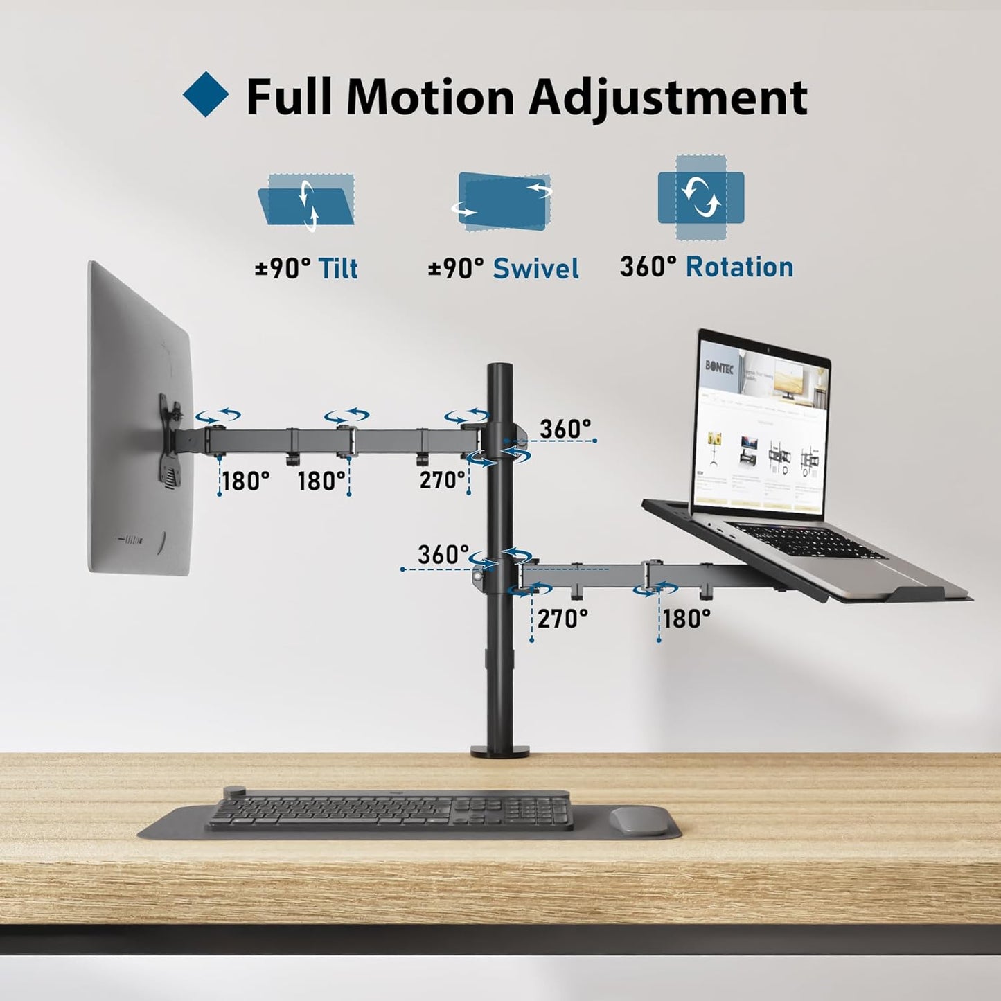 Suport de birou pentru monitor 13 ”-27” si laptop, cu inaltime reglabila, suporta 10 kg pe fiecare brat, prindere VESA 75 x 75 mm si 100 x 100 mm, negru