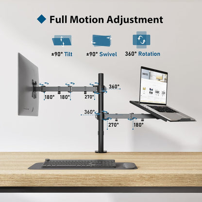 Suport de birou pentru monitor 13 ”-27” si laptop, cu inaltime reglabila, suporta 10 kg pe fiecare brat, prindere VESA 75 x 75 mm si 100 x 100 mm, negru