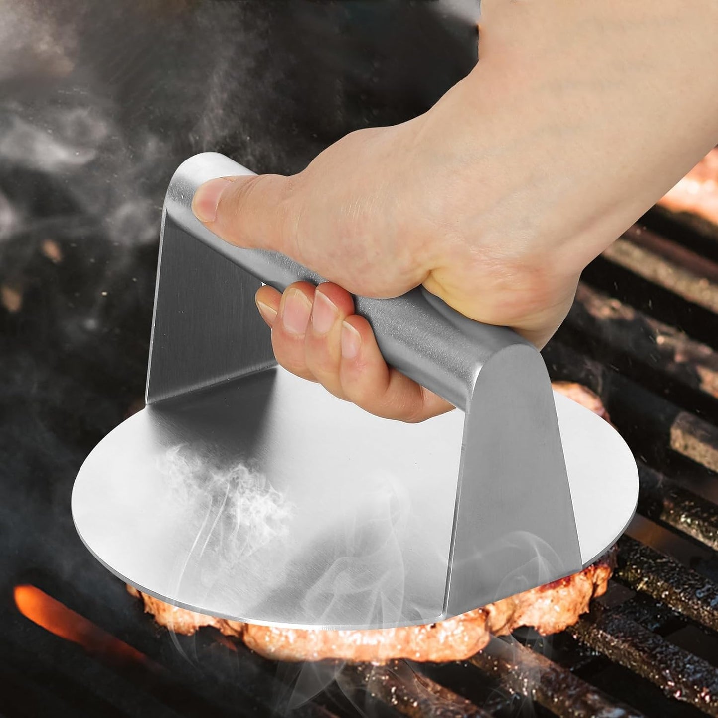 Set 2 presa burger din otel inoxidabil, de 14 cm, cu presa hamburger gradata reglabila, 100 buc hartie de silicon si 2 pensule, profesional, multifunctional