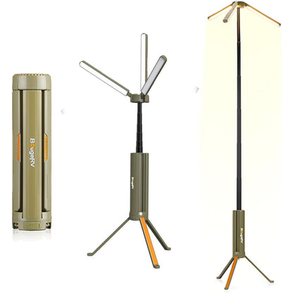 Lampa de camping BougeRV CL04 15600 mAh, reincarcabila, LED 4000 lm, extensibila pana la 164 cm, capete reglabile 270°/180°, 3 niveluri de luminozitate, autonomie pana la 7 nopti, rezistenta la apa IP54, clasa energetica F