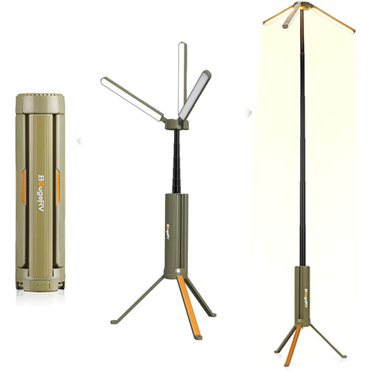 Lampa de camping BougeRV CL04 15600 mAh, reincarcabila, LED 4000 lm, extensibila pana la 164 cm, capete reglabile 270°/180°, 3 niveluri de luminozitate, autonomie pana la 7 nopti, rezistenta la apa IP54, clasa energetica F