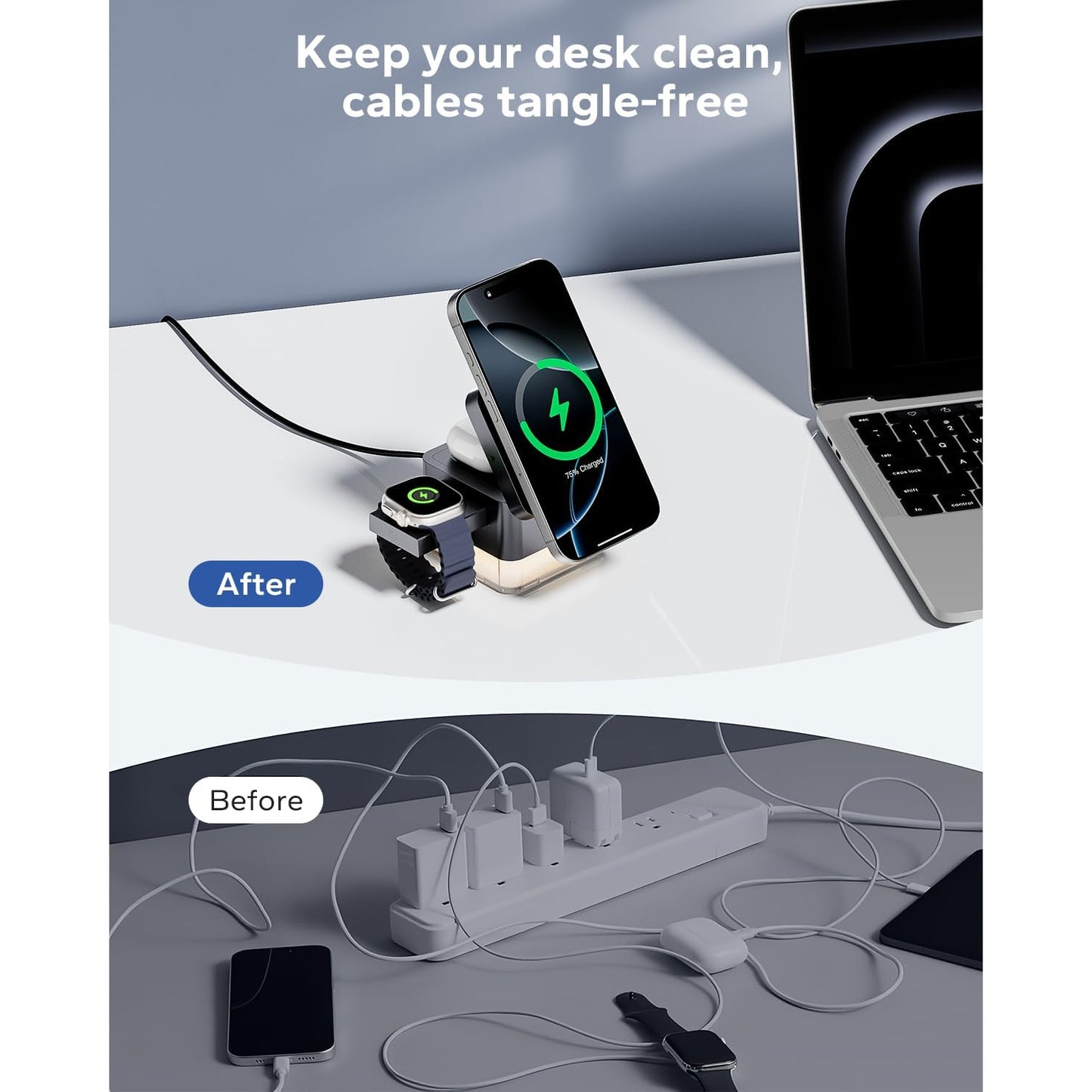 Incarcator wireless 3 in 1, statie de incarcare MagSafe compatibil iPhone17 16 15 14 13 12, iWatch si Airpods, cu lumina de noapte, design pliabil, multifunctional