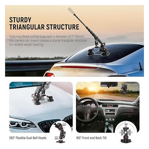 Suport auto 2 in 1 pentru camera si telefon, rotativ 360°, cu trei ventuze, tija telescopica extensibila, folosit pentru exterior in timpul deplasarii, suport pentru camera cu eliberare rapida, compatibil cu GoPro, Insta360, DJI OSMO Action