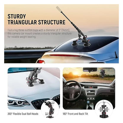 Suport auto 2 in 1 pentru camera si telefon, rotativ 360°, cu trei ventuze, tija telescopica extensibila, folosit pentru exterior in timpul deplasarii, suport pentru camera cu eliberare rapida, compatibil cu GoPro, Insta360, DJI OSMO Action