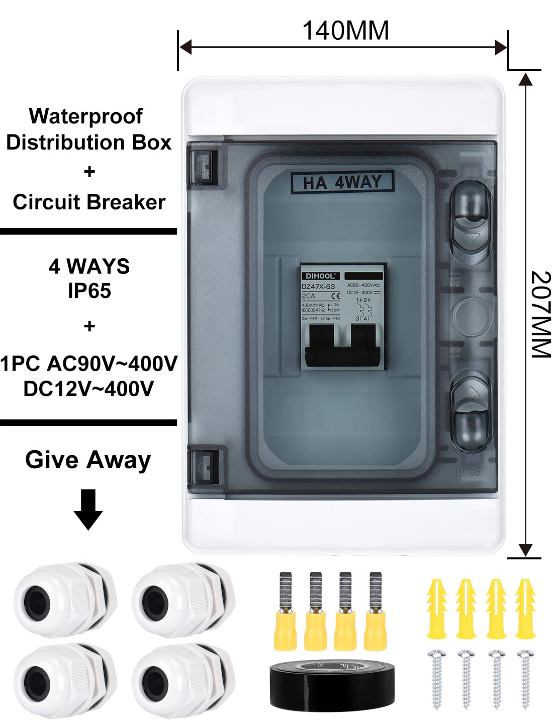 Siguranta solara automata 20A DC 12V-DC400V sau AC 90V-400V, 2 poli, pentru sistem fotovoltaic, intrerupator automat in cutie de sigurante impermeabila IP65