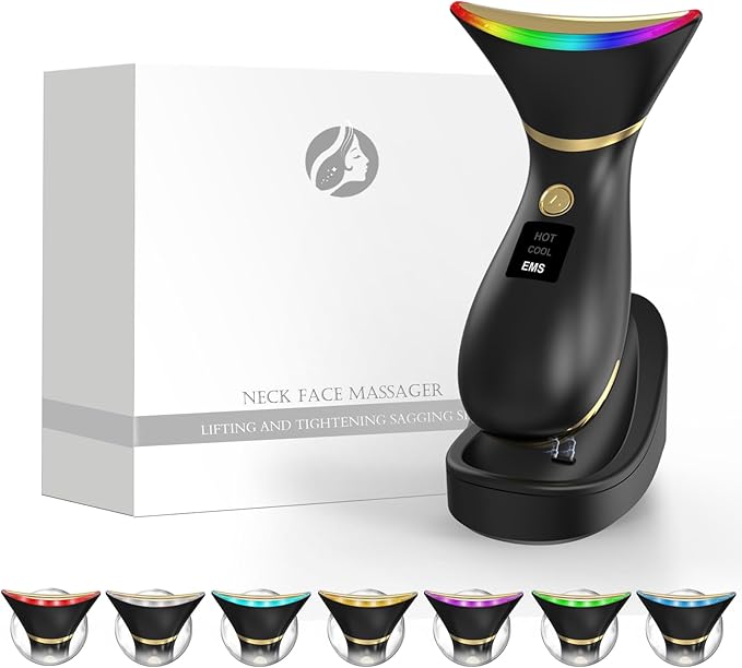 Dispozitiv masaj facial profesional cu 7 moduri LED, compresie incalzire si mod rece, cap de masaj curbat pentru fata, gat, frunte, dispozitiv lifting pentru reintinerirea pielii, reducerea ridurilor, tonifierea pielii