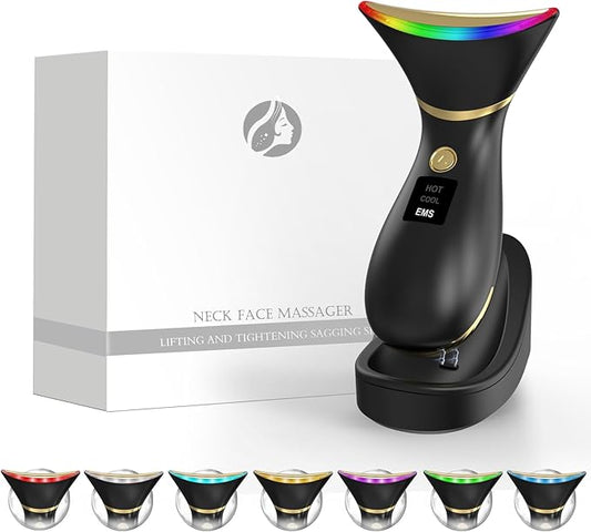Dispozitiv masaj facial profesional cu 7 moduri LED, compresie incalzire si mod rece, cap de masaj curbat pentru fata, gat, frunte, dispozitiv lifting pentru reintinerirea pielii, reducerea ridurilor, tonifierea pielii
