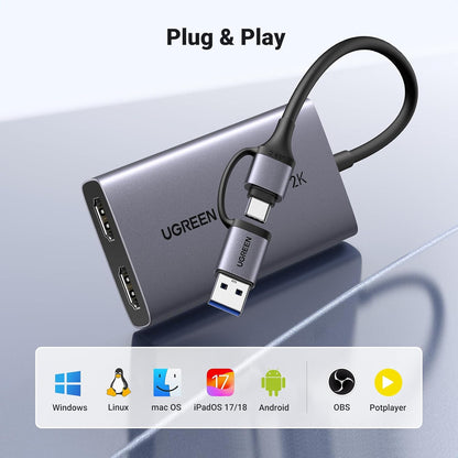 Placa de captura video HDMI la USB-C/USB-A, 4K loop-out, inregistrare 2K 30Hz, Plug & Play, streaming live, compatibil smartphone, consola, camera DSLR, laptop, PC Windows, macOS, Linux