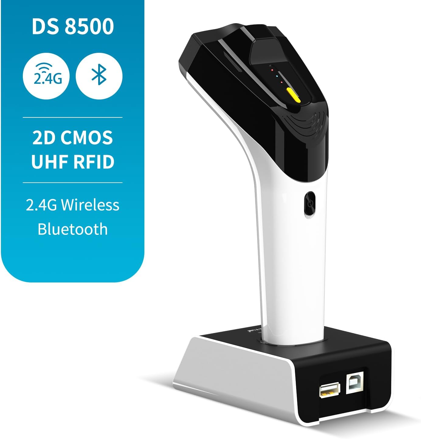 Cititor coduri de bare 1D, 2D, QR Wireless, UHF RFID, conexiune Bluetooth si 2.4 Ghz, 50 m raza de actiune, cu statie de incarcare, compatibil PC, smartphone, tableta