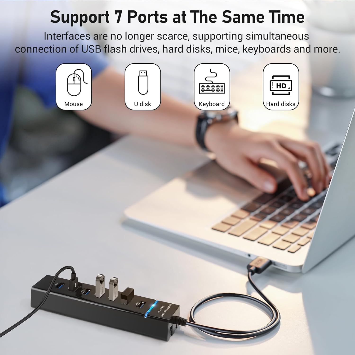 Hub USB 7 in 1, USB 3.0, 7 porturi, 5 Gbps, de 30 cm, compatibil Windows, mac OS, Linux, Plug and Play, lumina LED, protectie supracurent, supraincarcare, scurtcircuit, multifunctional