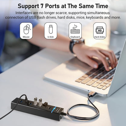 Hub USB 7 in 1, USB 3.0, 7 porturi, 5 Gbps, de 30 cm, compatibil Windows, mac OS, Linux, Plug and Play, lumina LED, protectie supracurent, supraincarcare, scurtcircuit, multifunctional