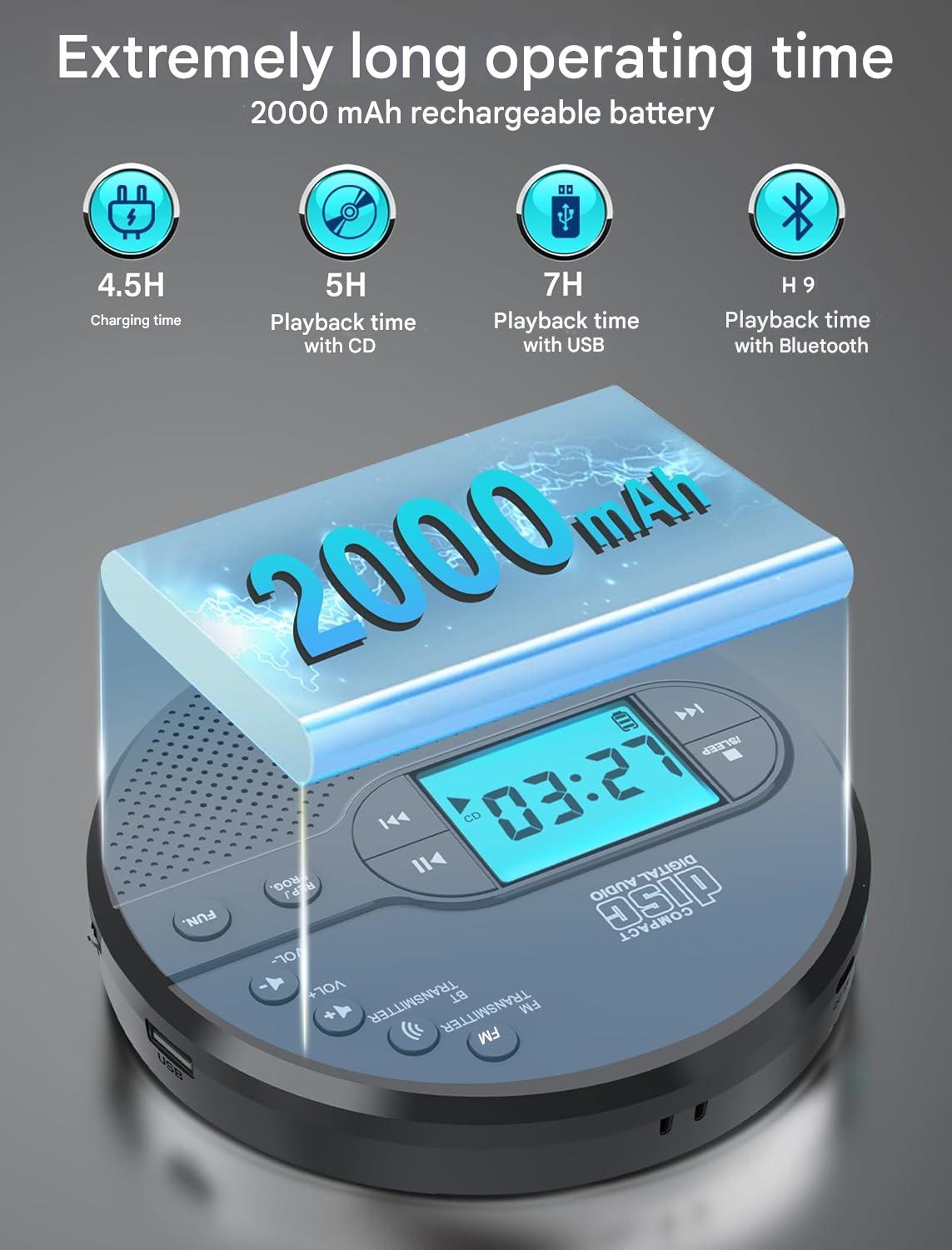 CD Player portabil Discman cu bluetooth si transmitator FM, baterie 2000 mAh, ecran LCD, difuzor incorporat, AUX si USB, anti-soc si anti-skip, cu casti, pentru masina si uz portabil