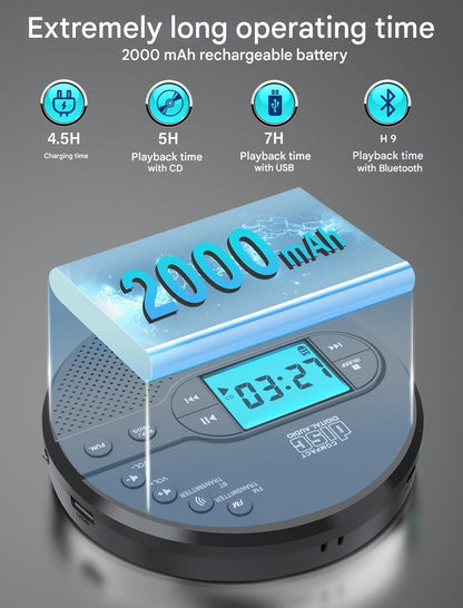 CD Player portabil Discman cu bluetooth si transmitator FM, baterie 2000 mAh, ecran LCD, difuzor incorporat, AUX si USB, anti-soc si anti-skip, cu casti, pentru masina si uz portabil