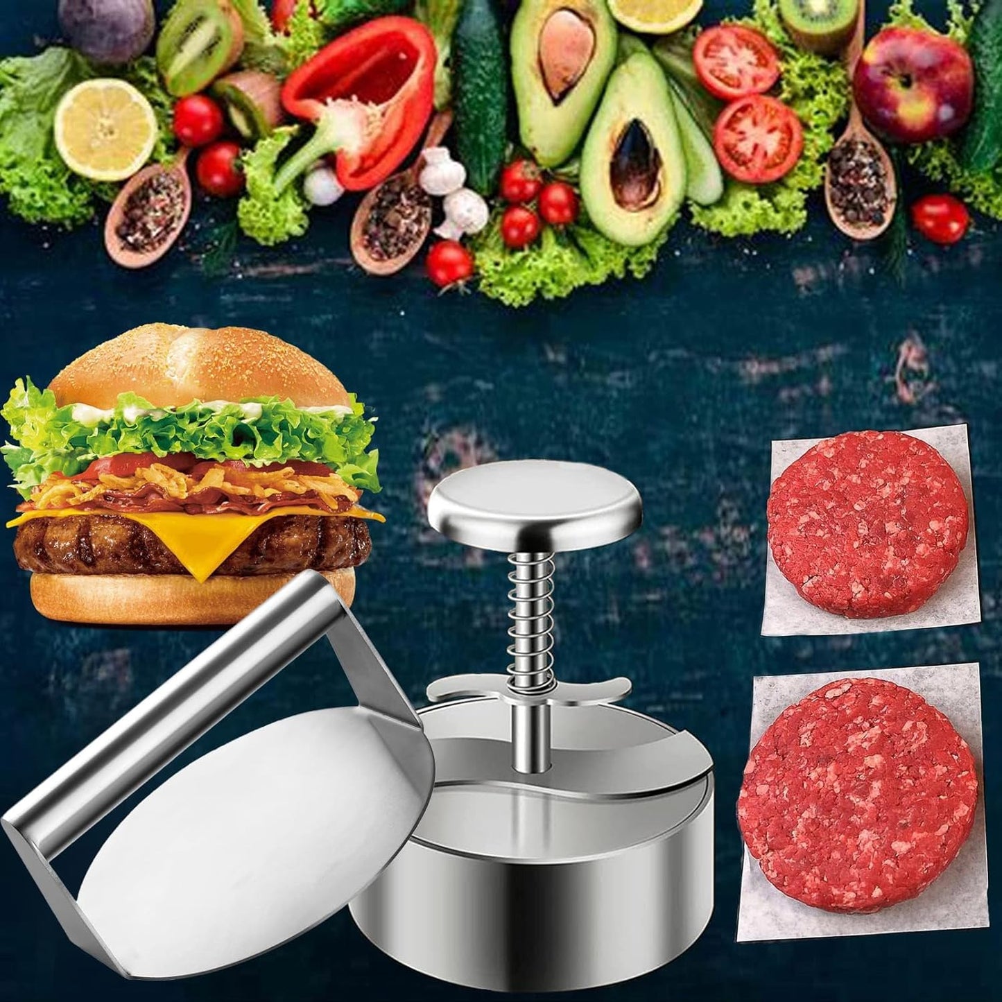 Set 2 presa burger din otel inoxidabil, de 14 cm, cu presa hamburger gradata reglabila, 100 buc hartie de silicon si 2 pensule, profesional, multifunctional
