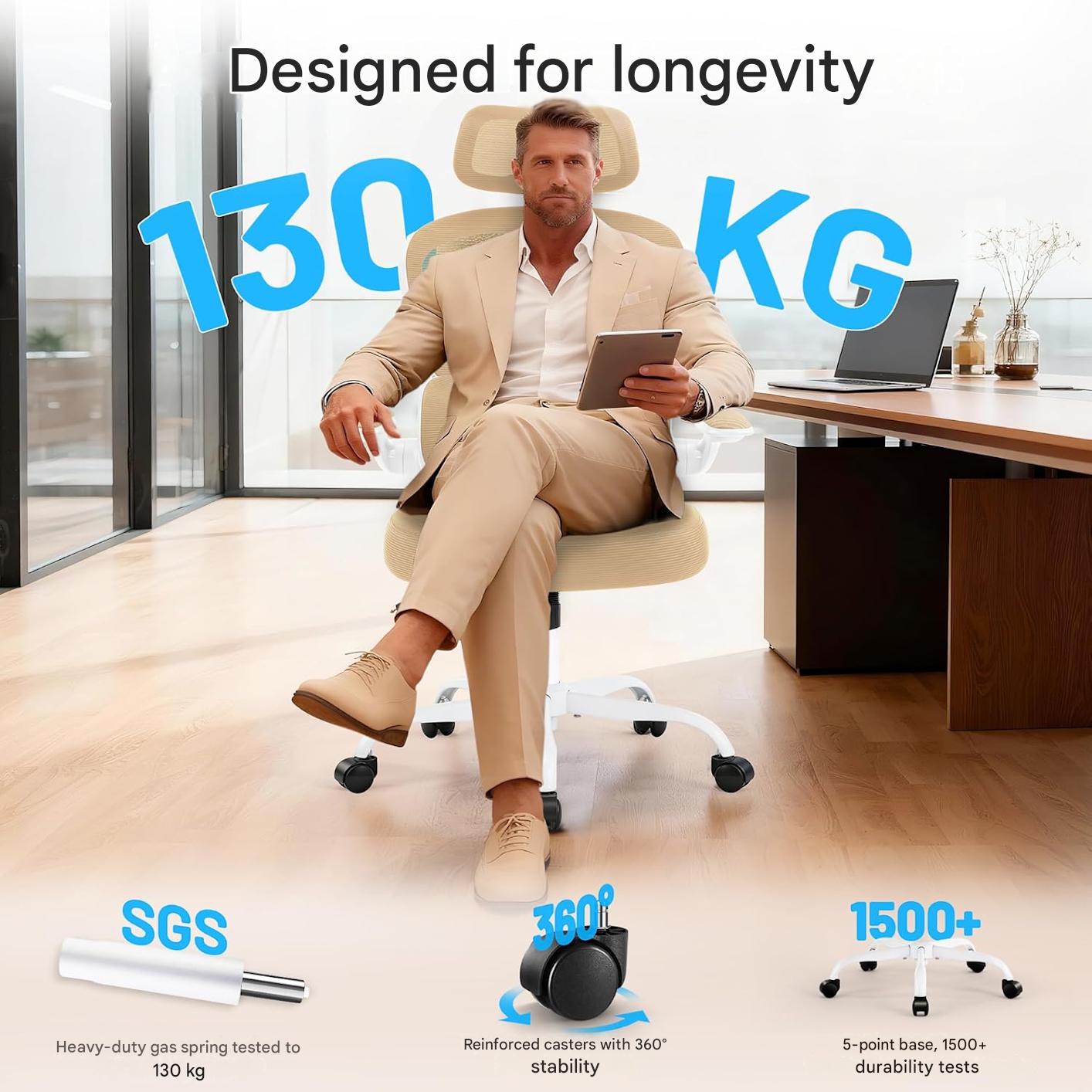 Scaun de birou ergonomic Coscendo, cu tetiera 3D reglabila si suport lombar ajustabil, inclinare 90°–120°, cotiere rabatabile 90°, reglabil pe inaltime, rotativ cu roti silentioase, sarcina maxima 130 kg, crem