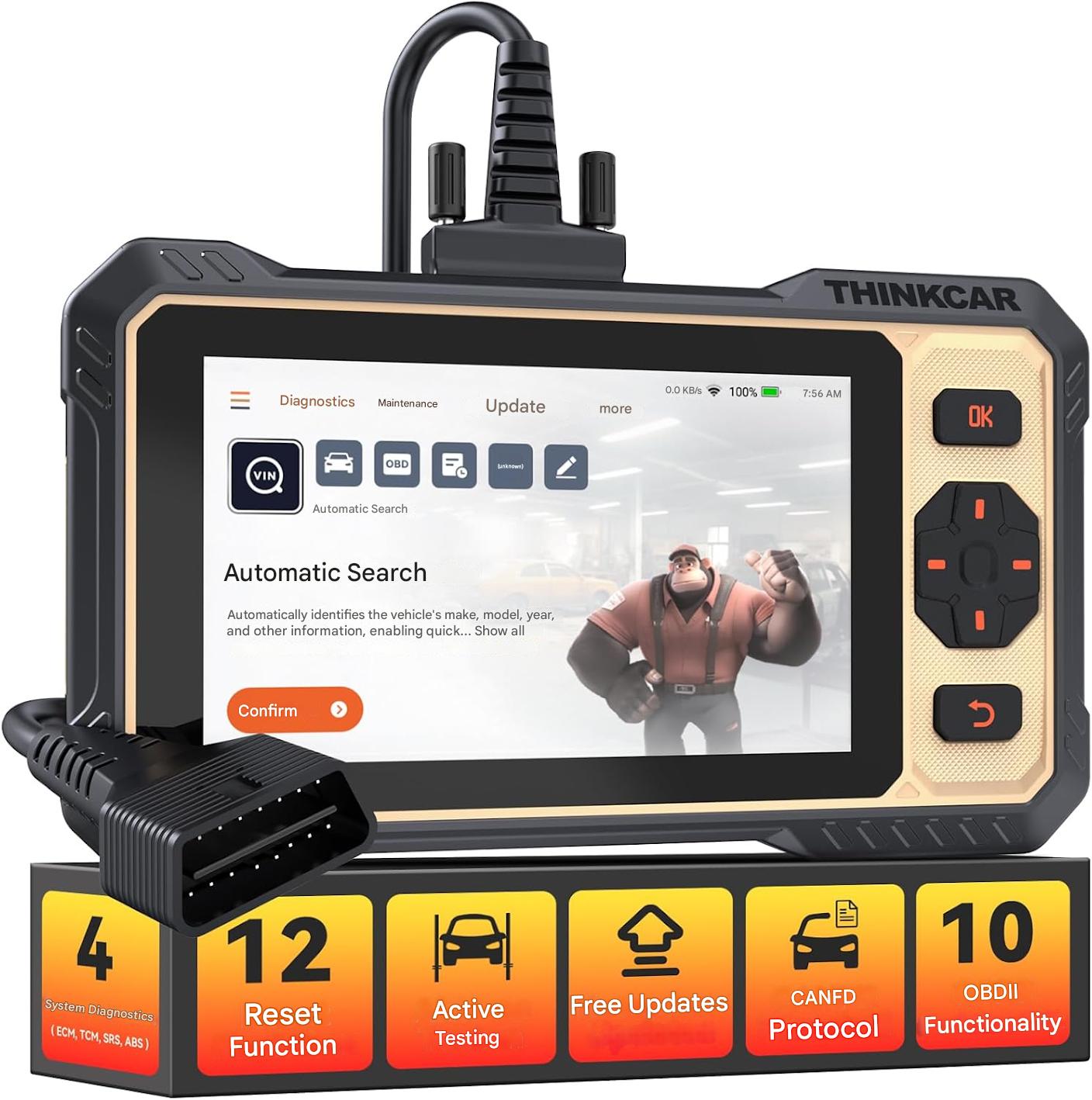 Tester auto ThinkScan 662, OBD2 scanner, ECM/TCM/SRS/ABS, 12 functii de resetare, negru/galben