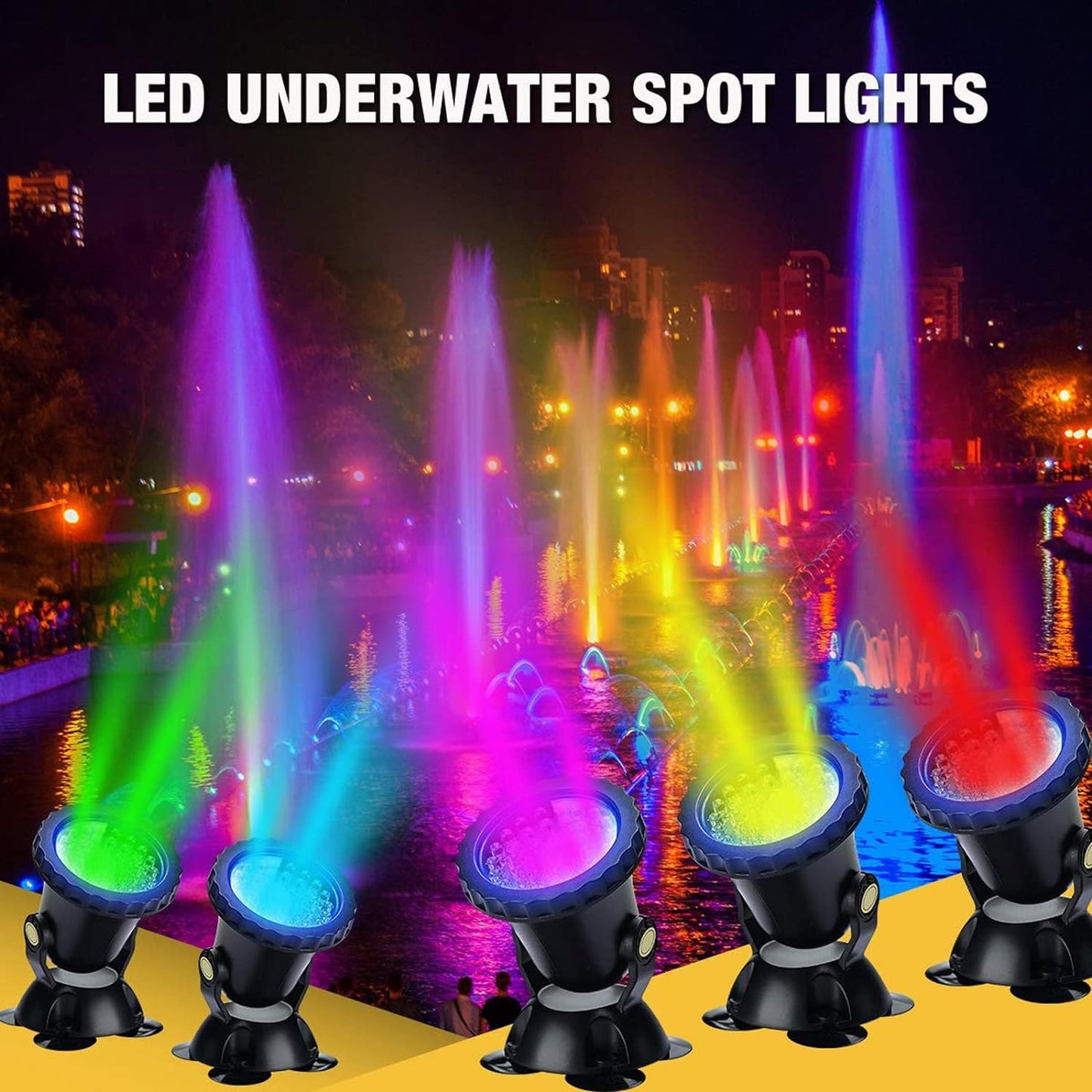 Set 5 lampi pentru gradina LED RGB, proiector cu telecomanda, impermeabile IP68, fixare prin ventuze, reglabile 180°, 10 niveluri luminozitate, 16 efecte monocromatice si 4 dinamice, pentru iaz, piscina, fantana arteziana