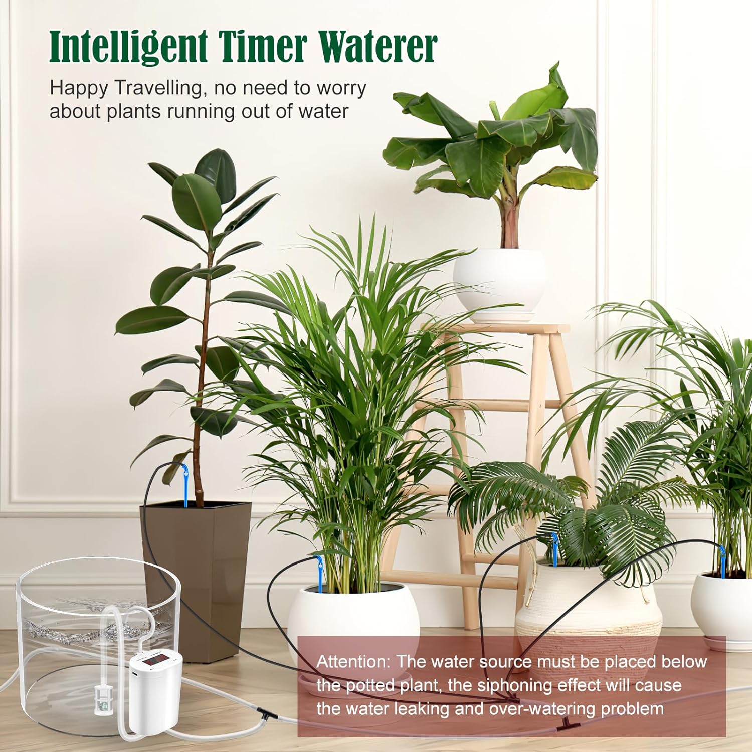 Sistem de irigare prin picurare pentru plante in ghiveci, cu acumulator 2000 mAh reincarcabil USB, furtun de 2m, 16 picuratoare, display LED, alb
