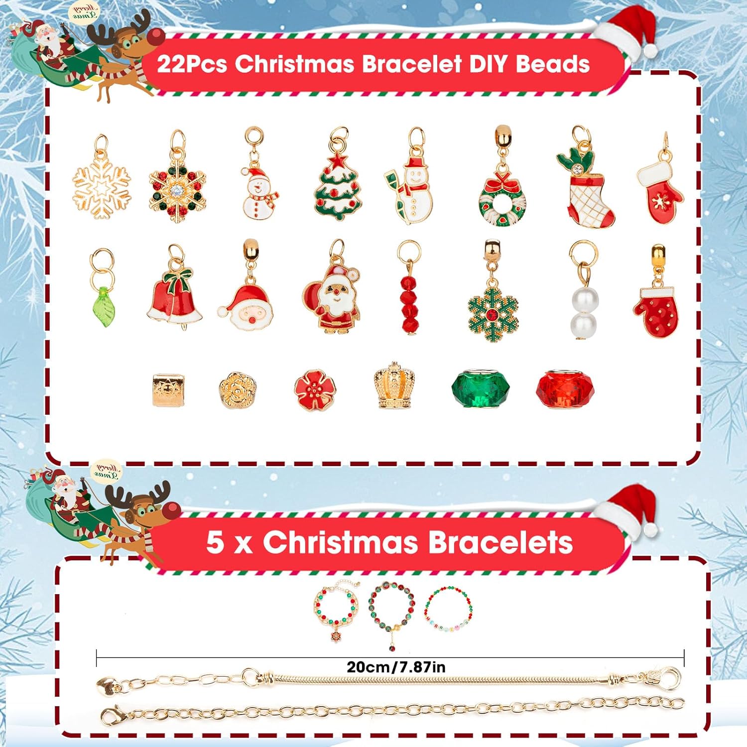 Calendar advent 2025 pentru fete – Calendar de Craciun cu 24 de zile, set bijuterii cu bratara si talismane, cadou de sarbatori, pentru copii cu varsta 6–12 Ani