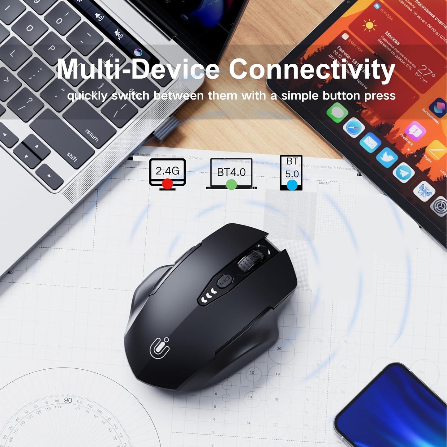 Mouse wireless cu Bluetooth 5.0/4.0 si 2.4 GHz, DPI reglabil pe 4 niveluri, indicator nivel baterie, design ergonomic, pentru laptop si PC, negru