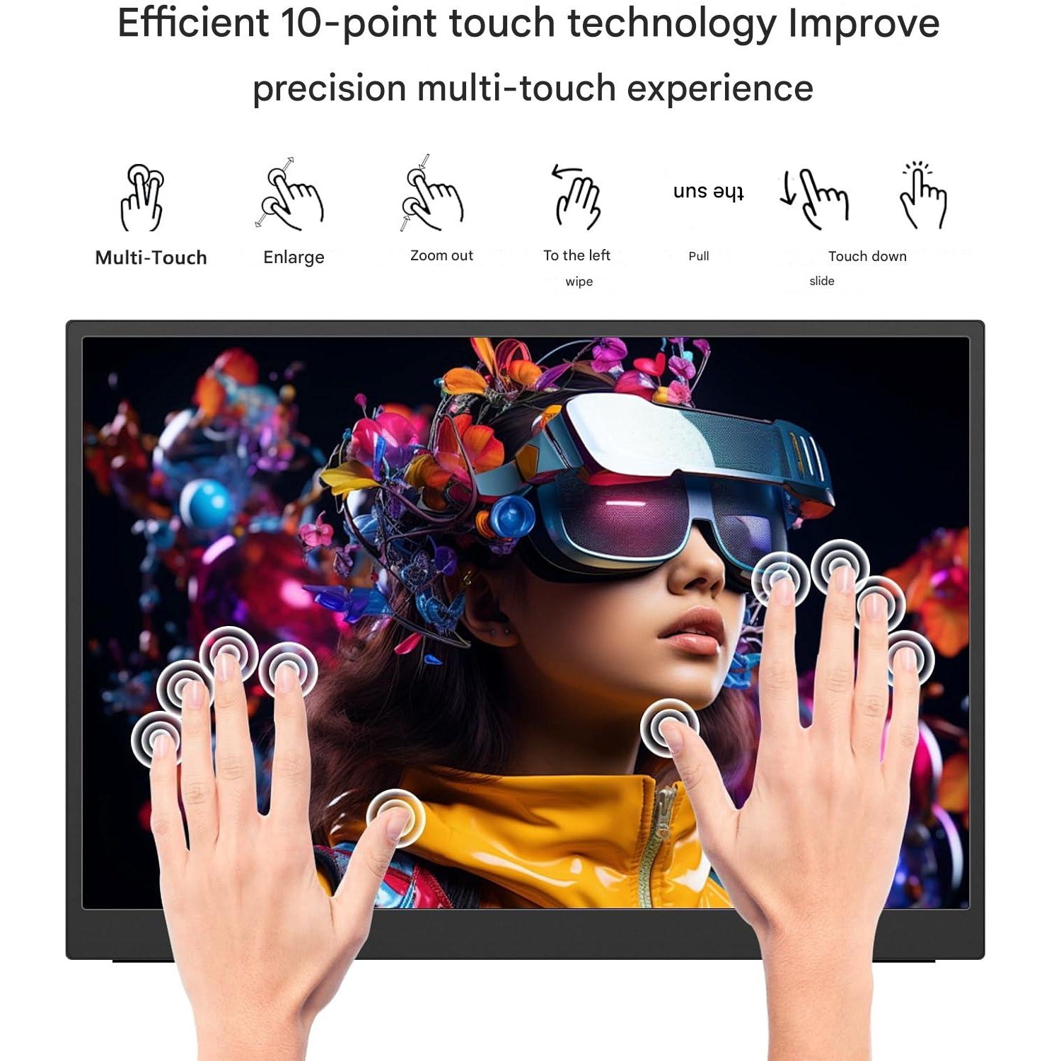 Monitor portabil 15.6 inch cu touchscreen, ecran IPS FullHD 1080P, HDR Dinamic, contrast 1000:1, 16, 7 milioane culori, cu port HDMI, USB-C si USB-A, pentru laptop, PC, smartphone Android, Mac