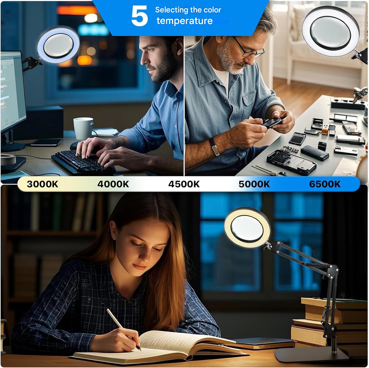 Lampa cosmetica LED cu brat si lupa, marire 10X, rotativa la 360°, 12, 6 W, 1800 lumeni, reglabila, 5 moduri si 10 intensitati iluminare, dimabila, 2 in 1 cu baza si clema, pentru machiaj, tatuaje, bijuterii, electronica