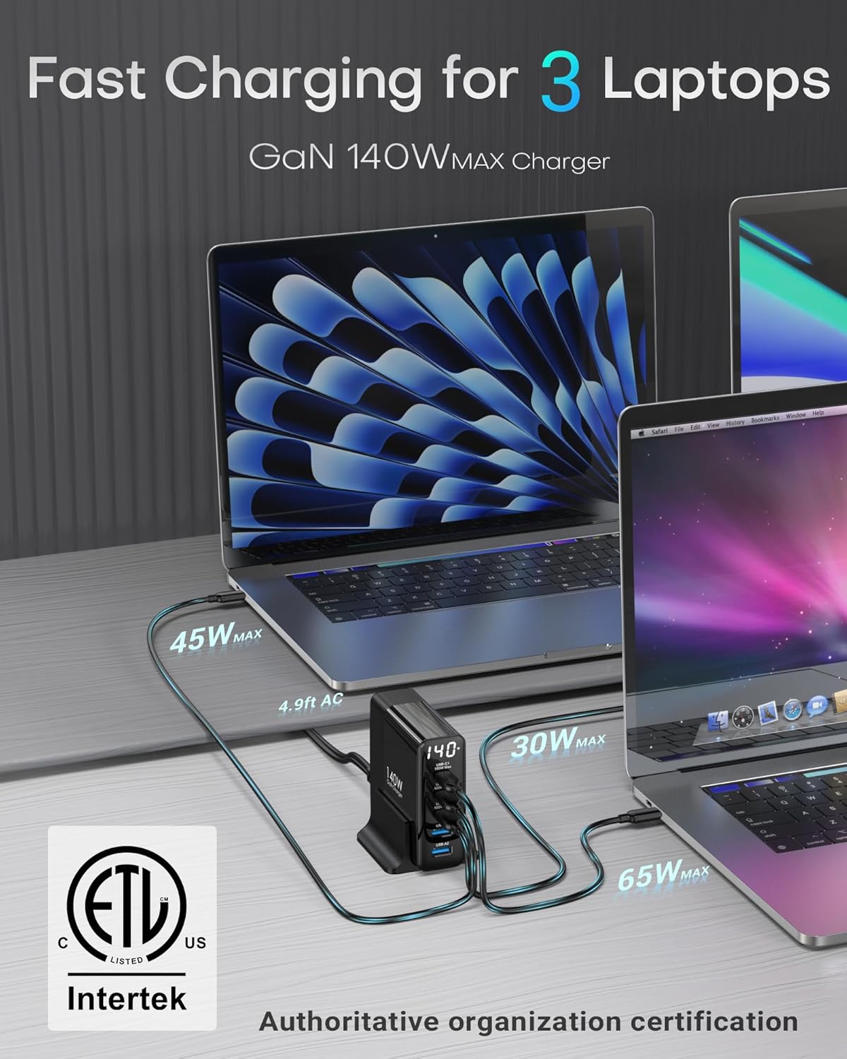 Incarcator retea 140W GaN, statie de incarcare cu 5 porturi, 3 USB-C 100W si 2 USB-A, afisaj digital, protectie supracurent, supratensiune, scurtcircuit si supraincalzire, cu cablu alimentare de 1.5 m, negru