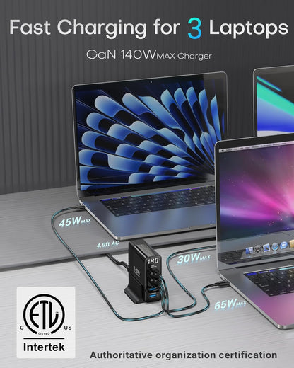 Incarcator retea 140W GaN, statie de incarcare cu 5 porturi, 3 USB-C 100W si 2 USB-A, afisaj digital, protectie supracurent, supratensiune, scurtcircuit si supraincalzire, cu cablu alimentare de 1.5 m, negru