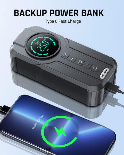 Pompa aer auto electrica 10 Bar, compresor cu display LED, acumulator 6000 mAh, lanterna, functie powerbank, 4 moduri umflare presetate, pentru masina, motocicleta, bicicleta, minge