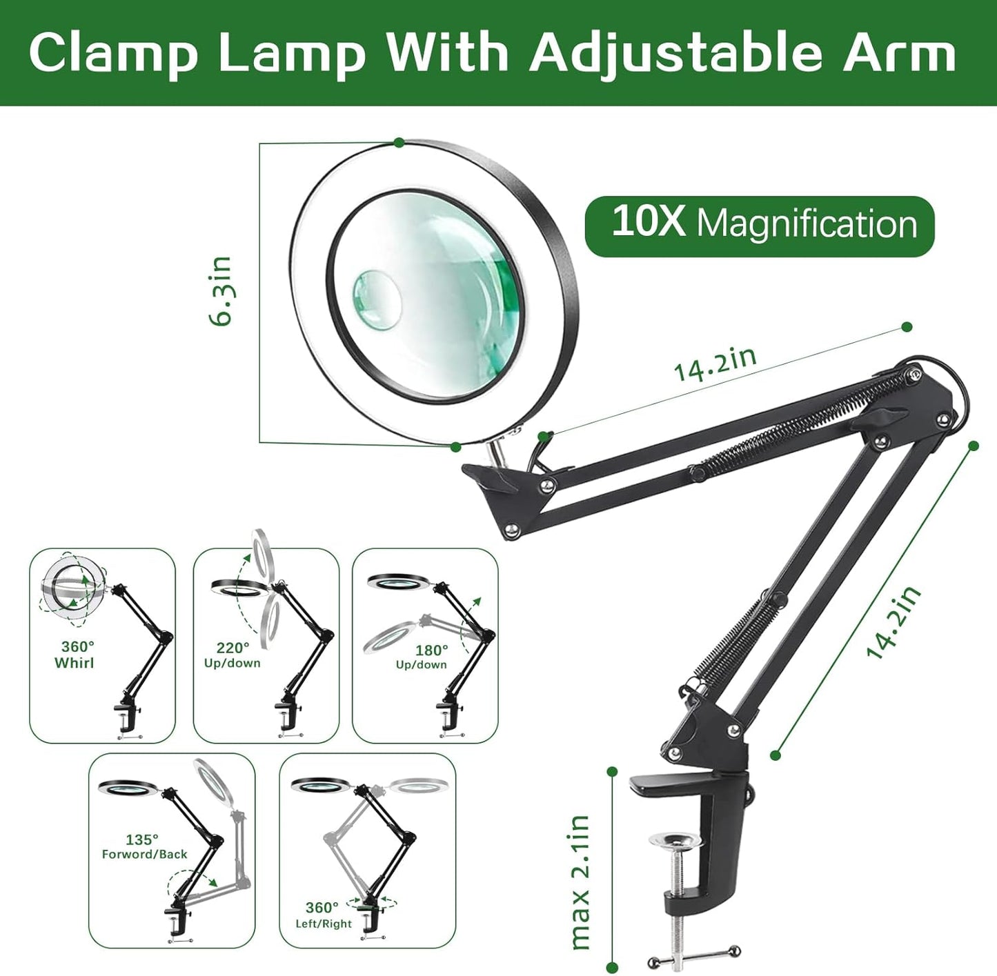 Lampa cosmetica LED cu lupa 10X-15X, lumina reglabila in 3 culori alb cald/rece, dimabila, cu telecomanda, brat reglabil cu prindere tip menghina, pentru machiaj, manichiura, tatuaje