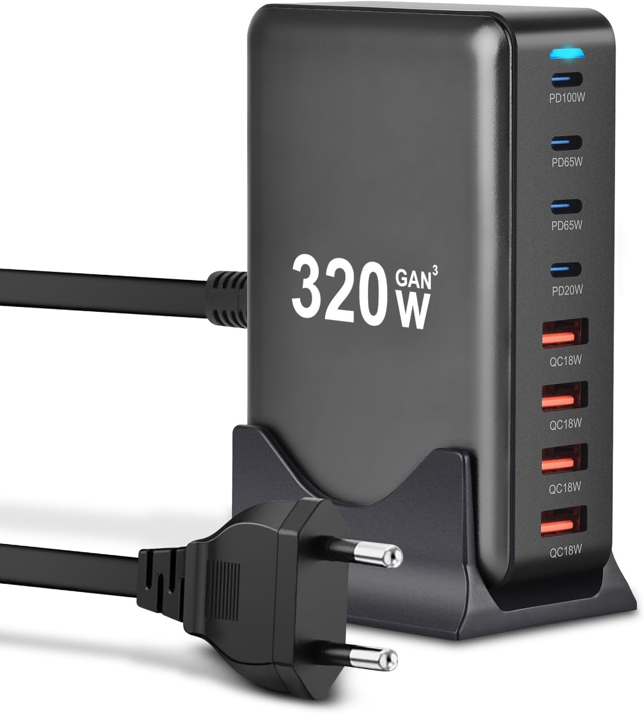 Incarcator retea 320 W, statie de incarcare GaN III, cu 8 porturi, 4 USB-C PD si 4 USB-A QC, pentru MacBook Pro Air, iPad Pro Air, iPhone, Galaxy, smartphone, laptop
