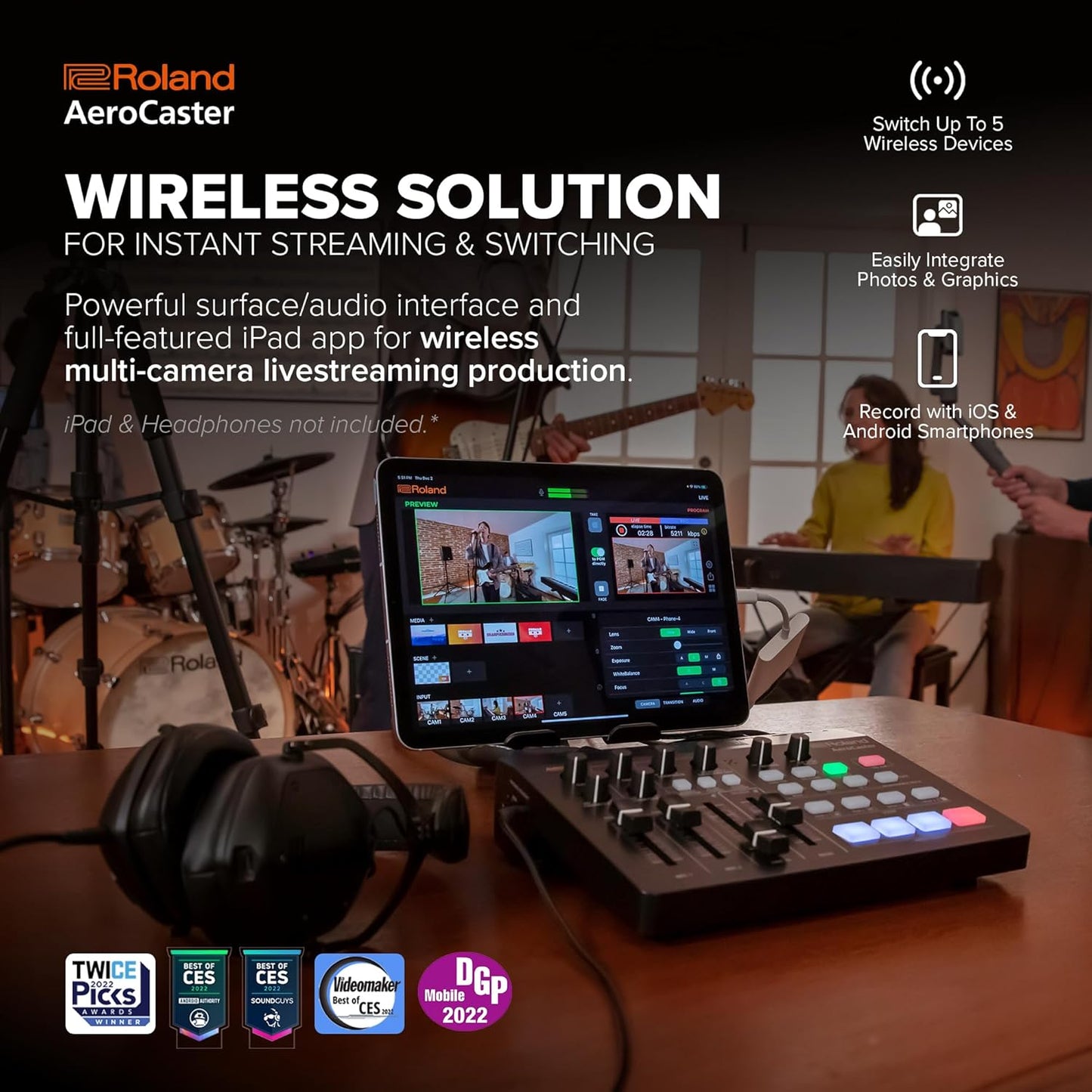 Sistem streaming live Roland AeroCaster VRC-01, sistem wireless multi-camera pentru transmisii video live, control hardware si interfata audio, compatibil iPad si smartphone, streaming YouTube/Facebook/Twitch, pana la 4 camere simultan, efecte tranzitie