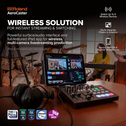 Sistem streaming live Roland AeroCaster VRC-01, sistem wireless multi-camera pentru transmisii video live, control hardware si interfata audio, compatibil iPad si smartphone, streaming YouTube/Facebook/Twitch, pana la 4 camere simultan, efecte tranzitie