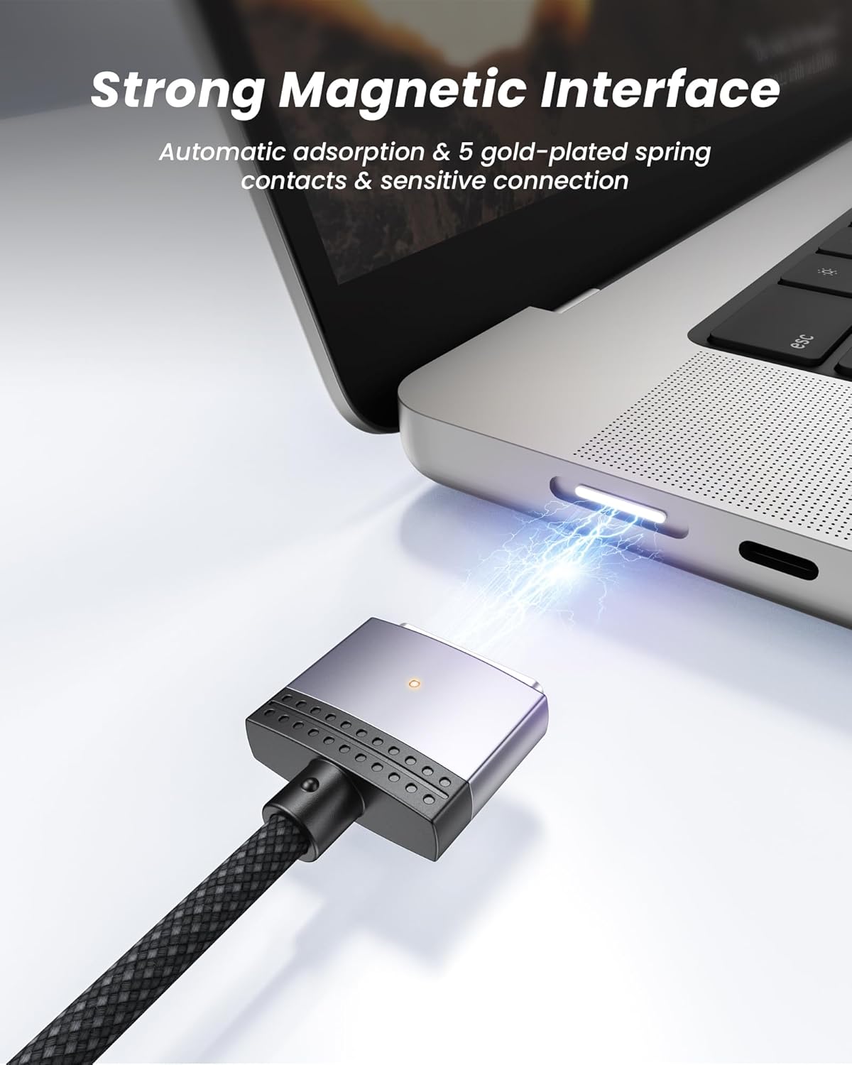 Cablu de incarcare USB-C la Magsafe 3 pentru alimentare de 2 m, MacBook Air (M1, 2020), MacBook Pro (M1, 2020), Mac Mini 2020, de 2 metri, 100 W PD, cu indicator LED, magnetic