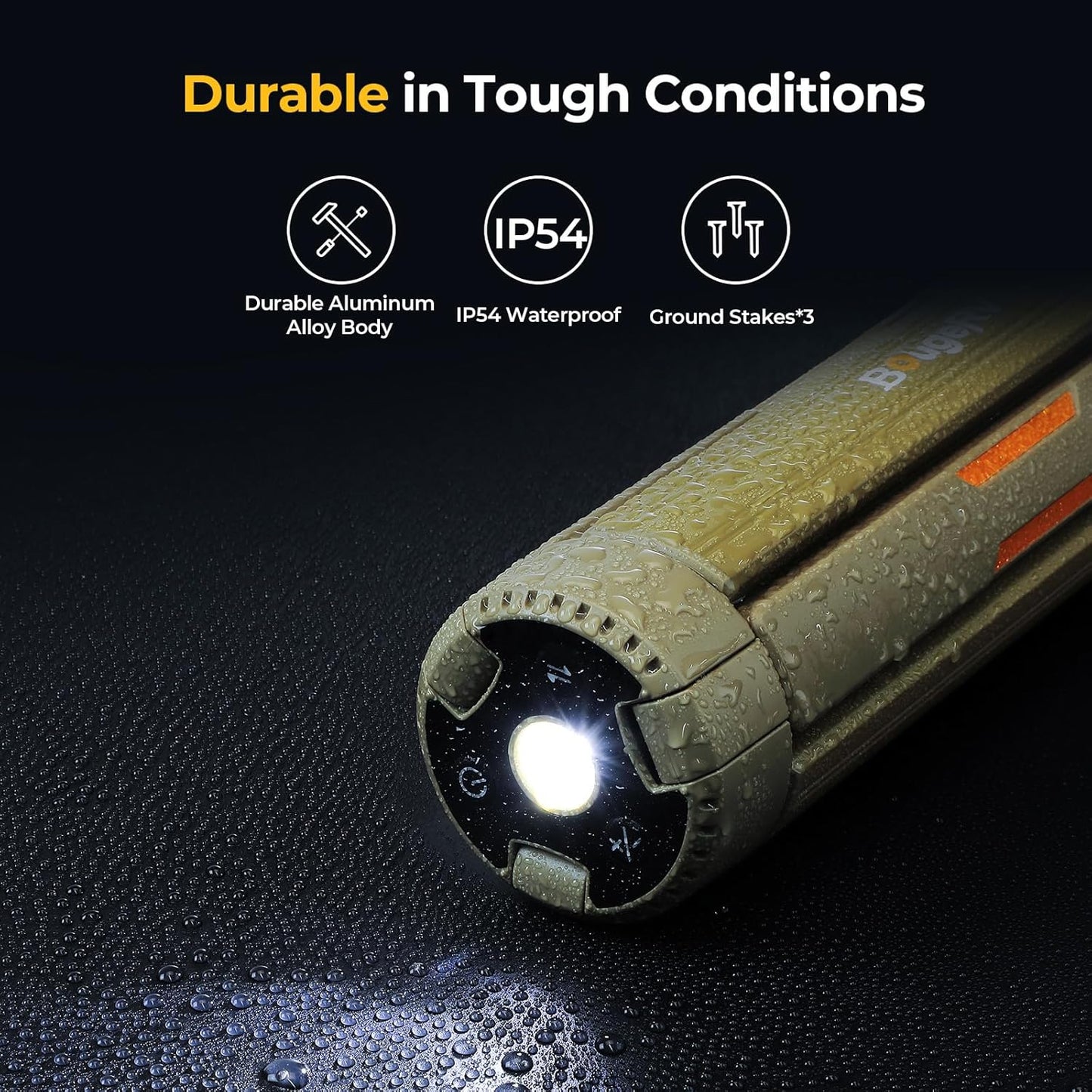 Lampa de camping BougeRV CL04 15600 mAh, reincarcabila, LED 4000 lm, extensibila pana la 164 cm, capete reglabile 270°/180°, 3 niveluri de luminozitate, autonomie pana la 7 nopti, rezistenta la apa IP54, clasa energetica F
