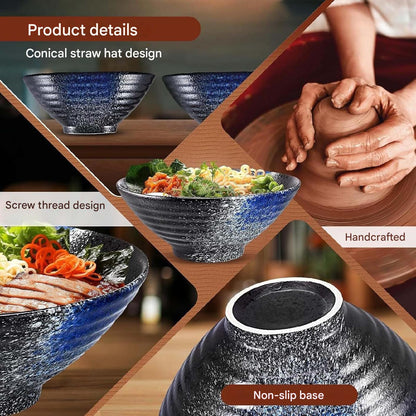 Set 2 boluri japoneze pentru ramen, 1000 ml, din ceramica, cu betisoare, linguri si retete, compatibile masina de spalat vase si microunde, multifunctionale