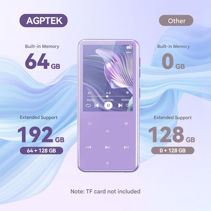 MP3 Player AGPTEK 64GB cu Bluetooth 5.3, ecran TFT de 2.4 inch, HiFi Lossless, difuzor integrat, radio FM, inregistrare, suport Card TF 128GB, violet
