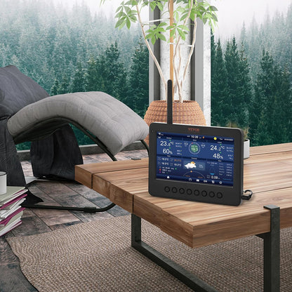 Statie meteo WiFi 7 in 1 cu display de 7 inch, senzor exterior cu panou solar, monitorizare viteza si directie vant, temperatura, umiditate, precipitatii, suporta Weather Underground si WeatherCloud, multifunctionala