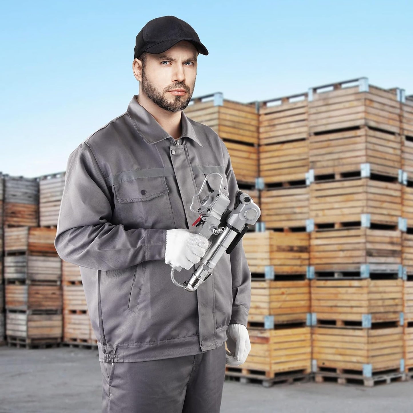 Aparat pneumatic de legat banda PP/PET, latime de 1, 9 - 2, 54 cm, forta mare intindere 4000N, presiune de 0, 5 - 0, 8 MPa, pentru hartie, aluminiu, otel, lemn, fibre chimice, bumbac, panouri din lemn, marmura, caramizi