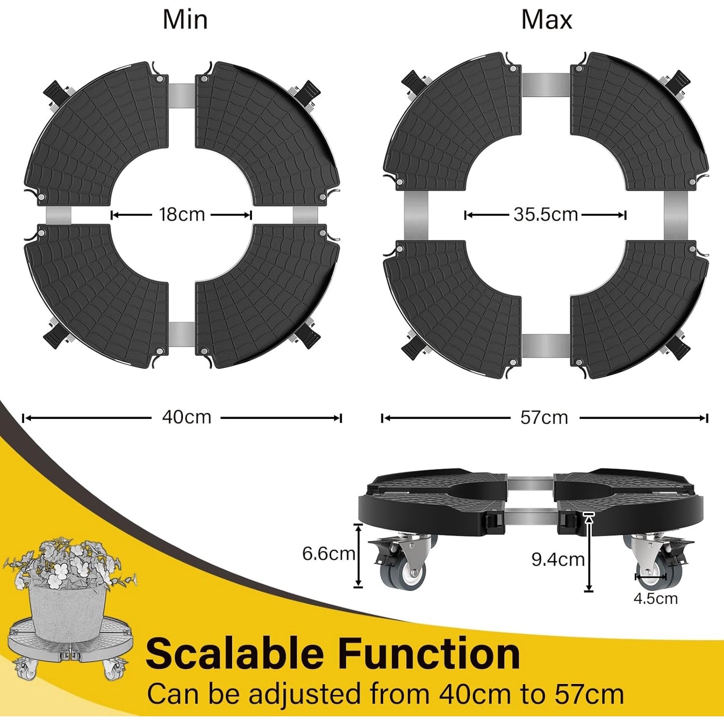 Suport ghiveci cu 4 roti, carucior reglabil 40-54 cm, mobil, capacitate incarcare 200 kg, stand flori cu role blocabile, pentru interior/exterior, multifunctional